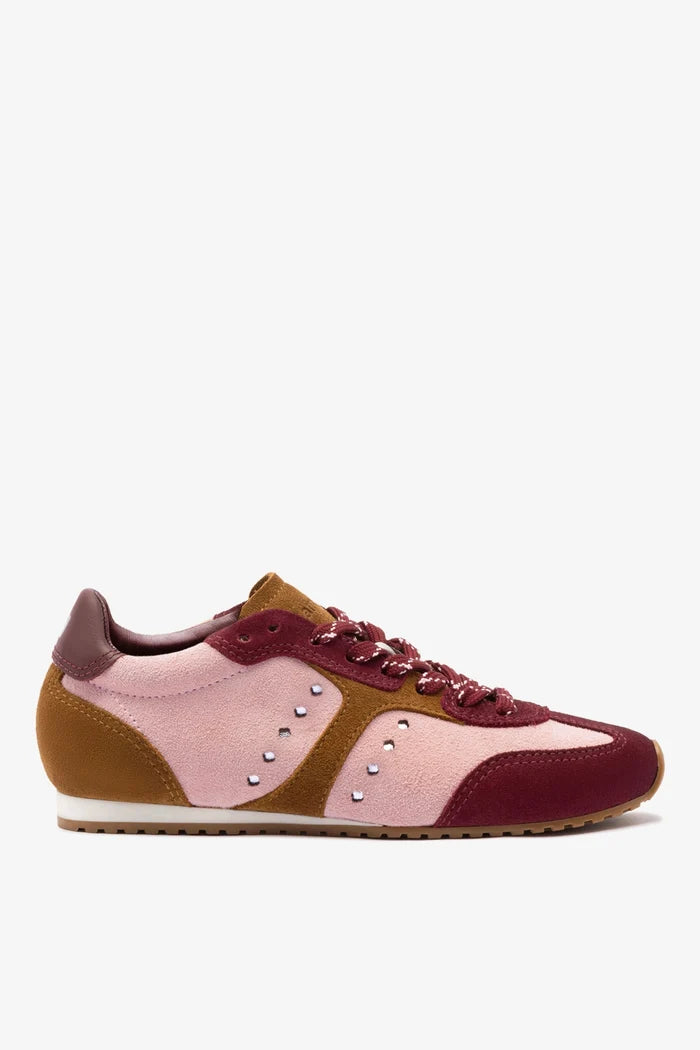Stella Sneaker In Tulip, Russet and Wine Suede and Silver Metallic Leather Sneaker Larroudé