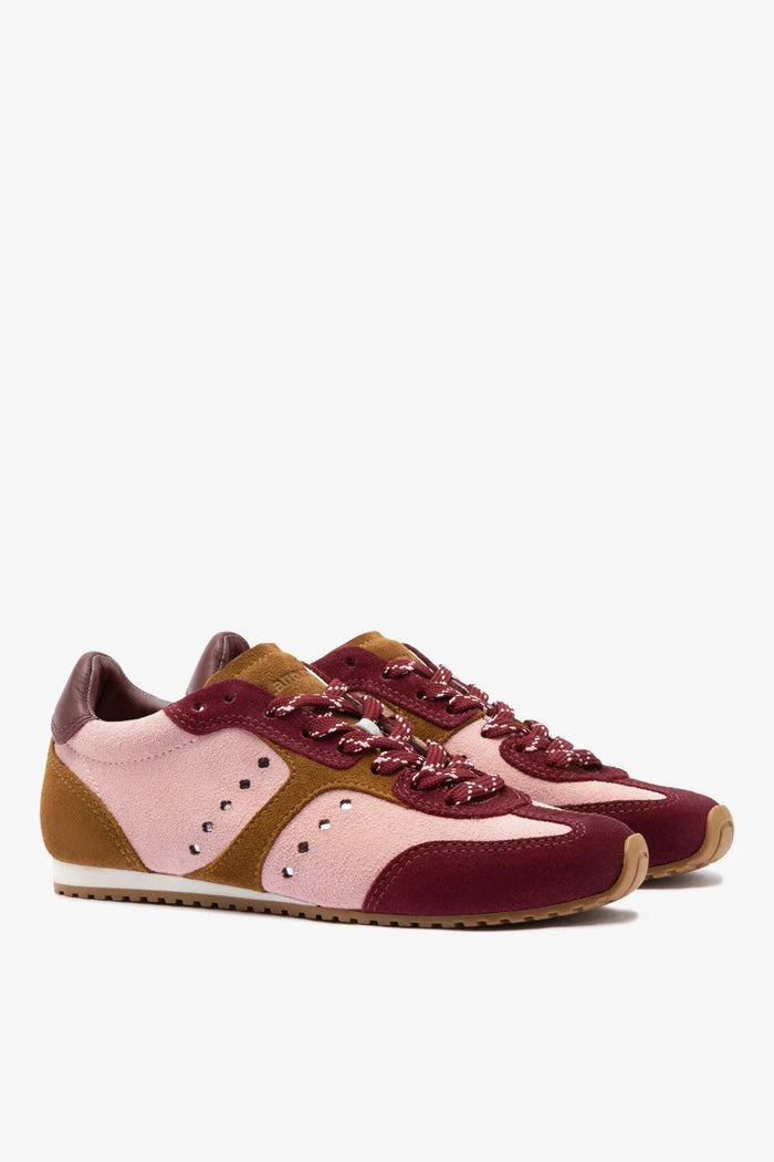 Stella Sneaker In Tulip, Russet and Wine Suede and Silver Metallic Leather Sneaker Larroudé