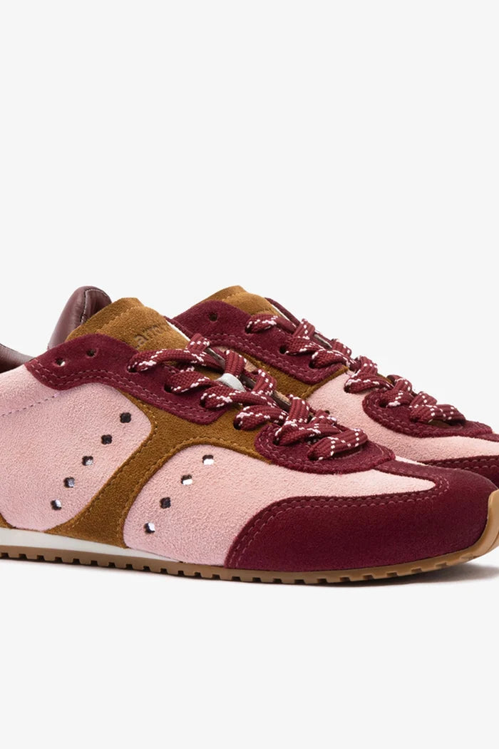 Stella Sneaker In Tulip, Russet and Wine Suede and Silver Metallic Leather Sneaker Larroudé