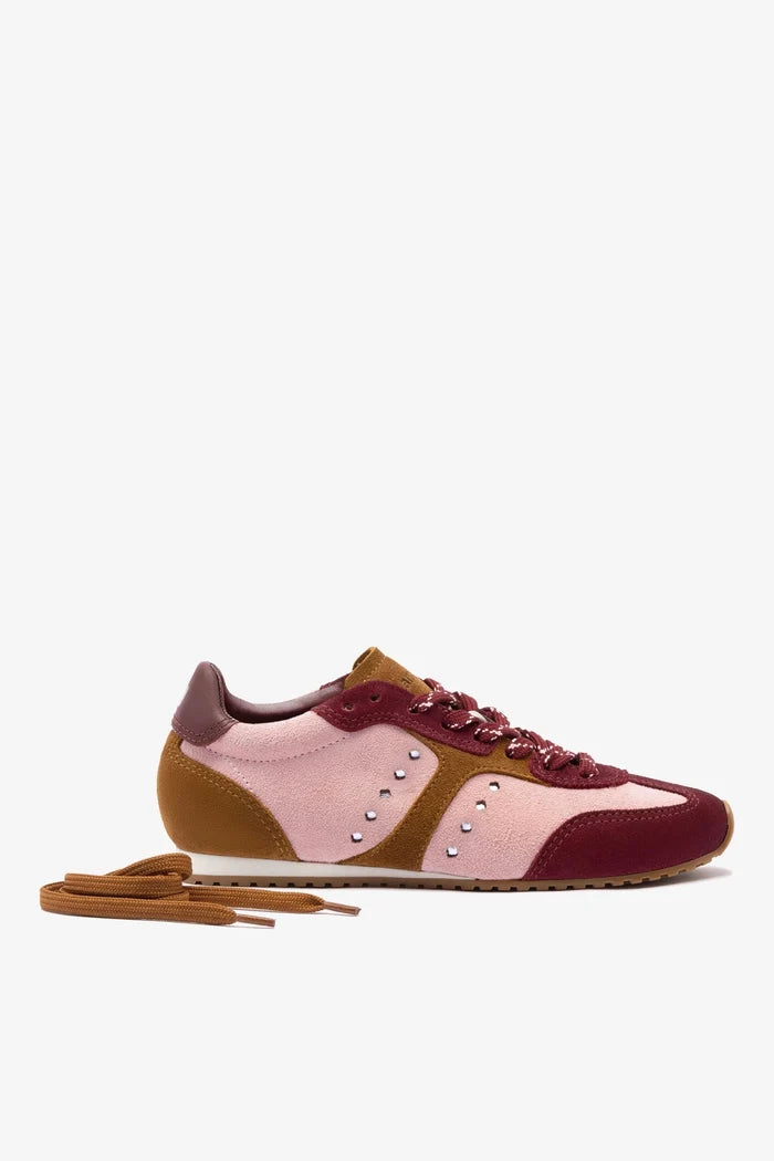 Stella Sneaker In Tulip, Russet and Wine Suede and Silver Metallic Leather Sneaker Larroudé