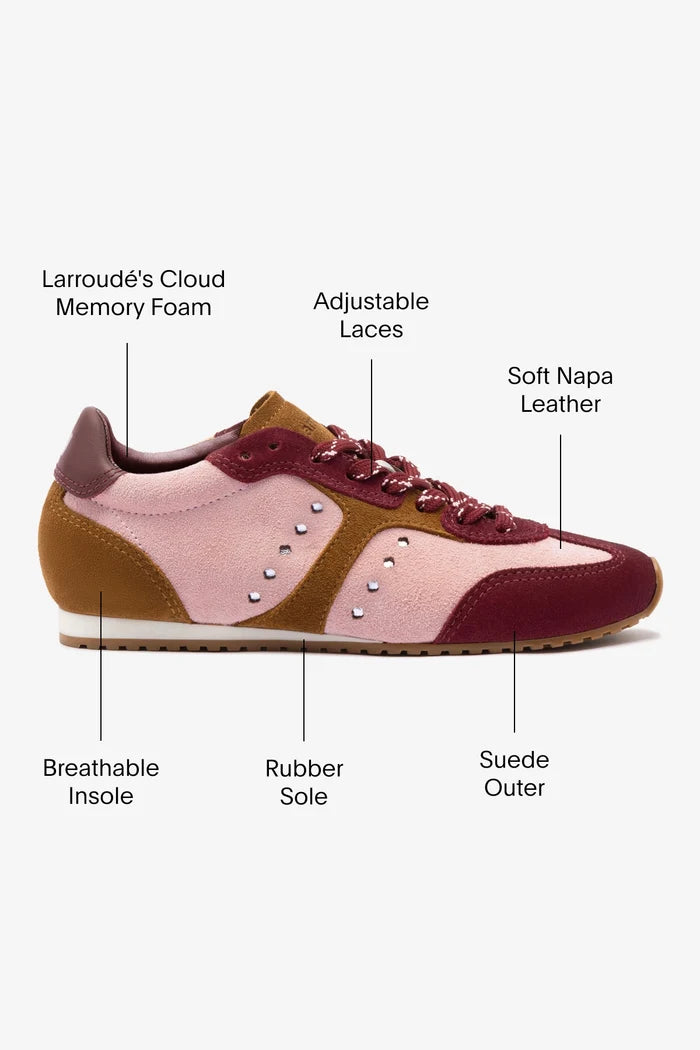 Stella Sneaker In Tulip, Russet and Wine Suede and Silver Metallic Leather Sneaker Larroudé