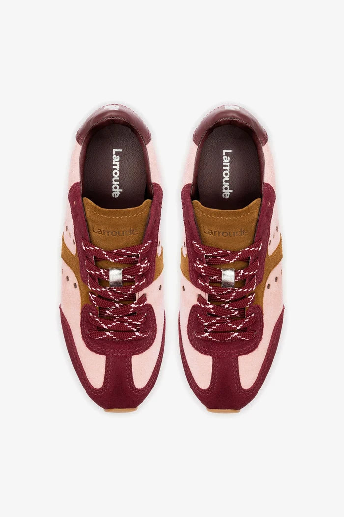 Stella Sneaker In Tulip, Russet and Wine Suede and Silver Metallic Leather Sneaker Larroudé