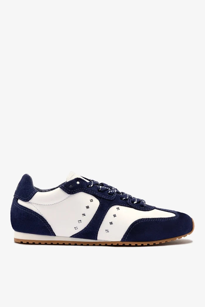 Stella Sneaker In White Leather and Indigo Suede Sneaker Larroudé