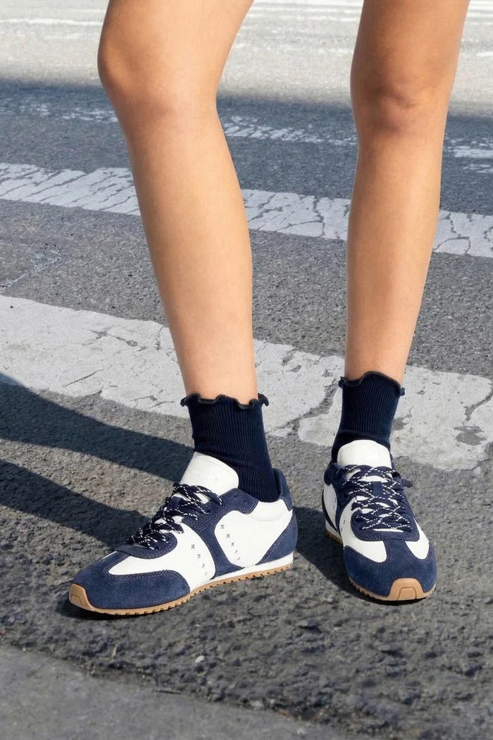 Stella Sneaker In White Leather and Indigo Suede Sneaker Larroudé