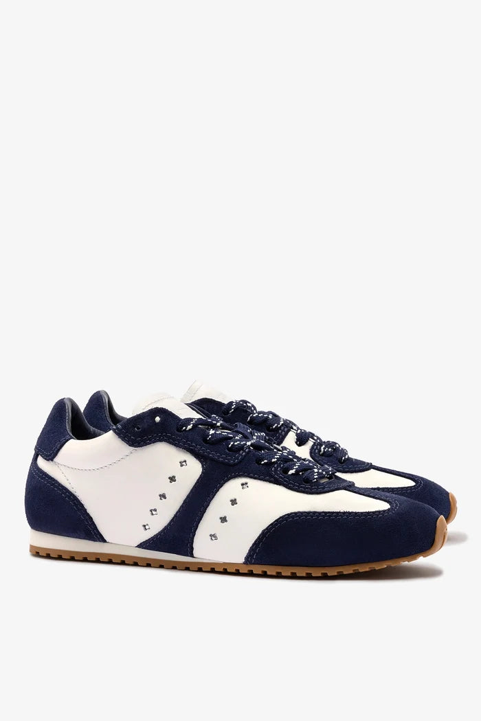 Stella Sneaker In White Leather and Indigo Suede Sneaker Larroudé