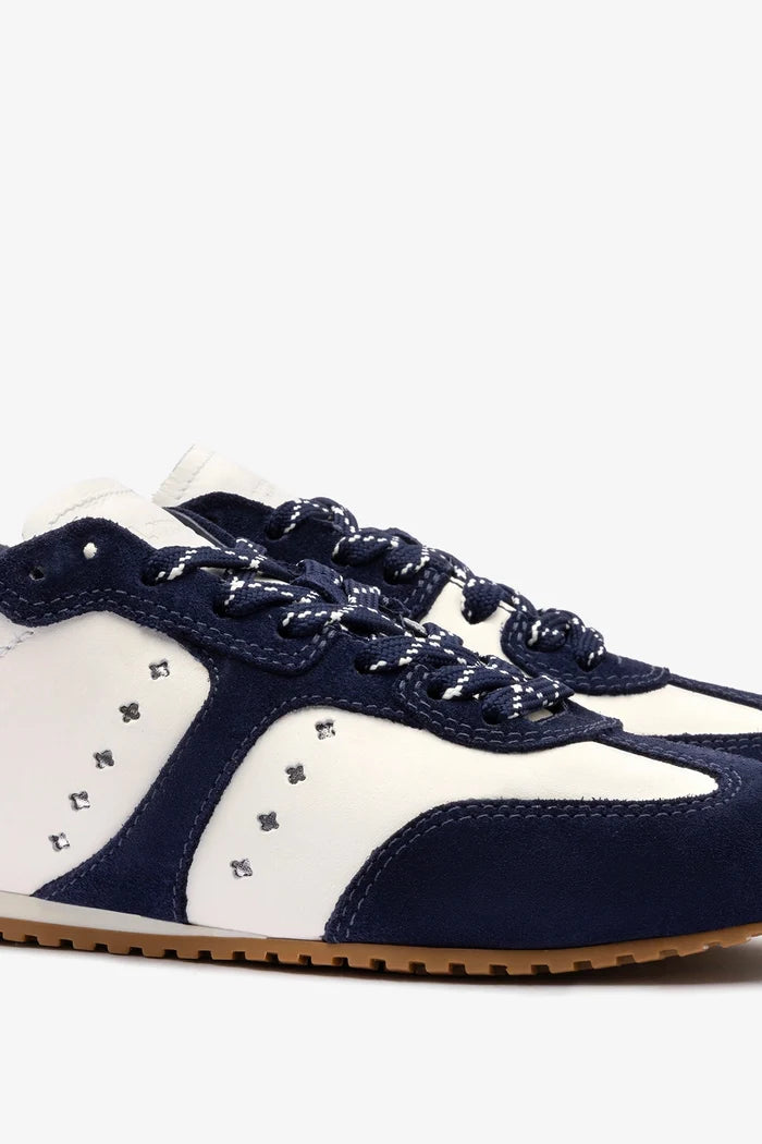 Stella Sneaker In White Leather and Indigo Suede Sneaker Larroudé