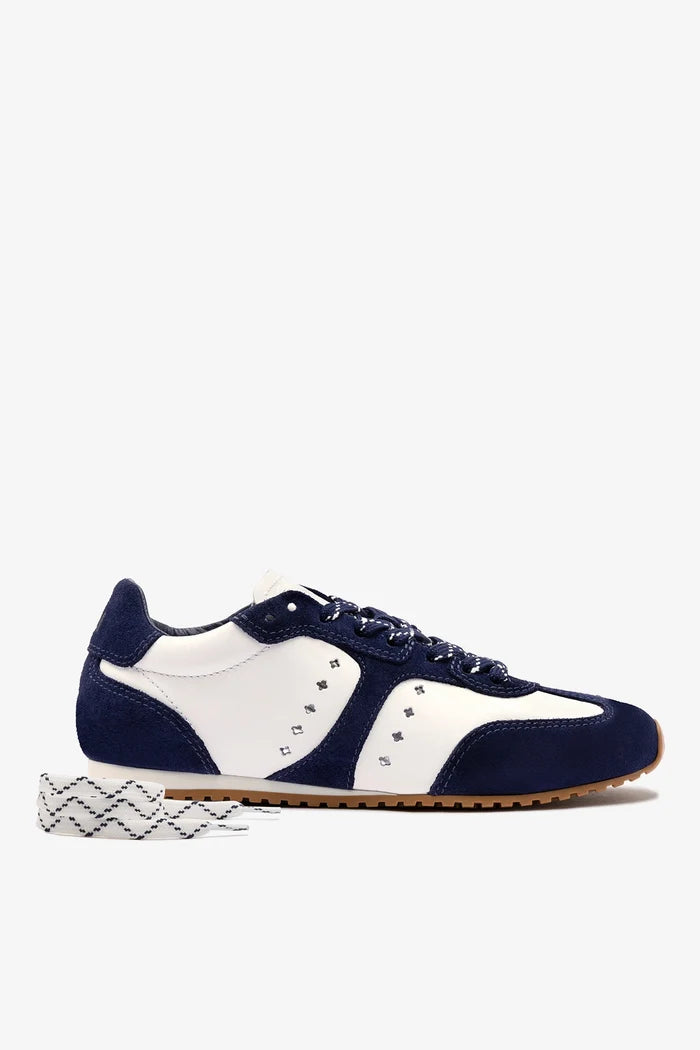 Stella Sneaker In White Leather and Indigo Suede Sneaker Larroudé