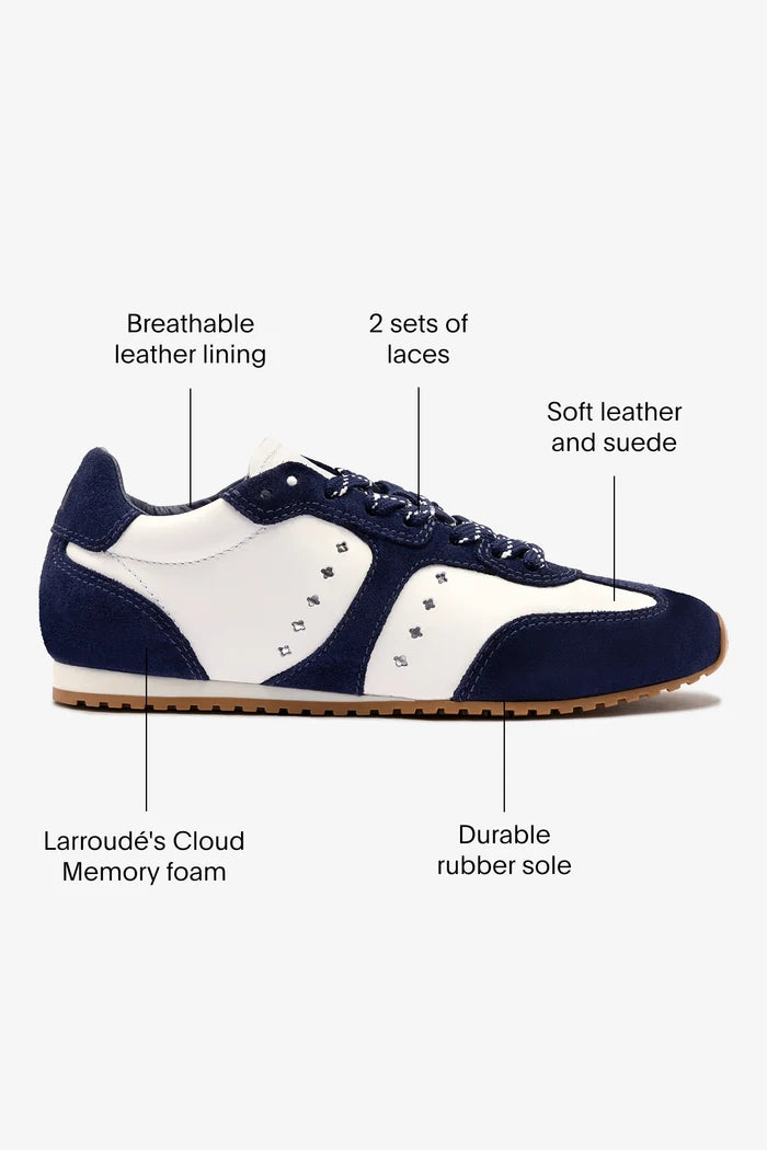 Stella Sneaker In White Leather and Indigo Suede Sneaker Larroudé