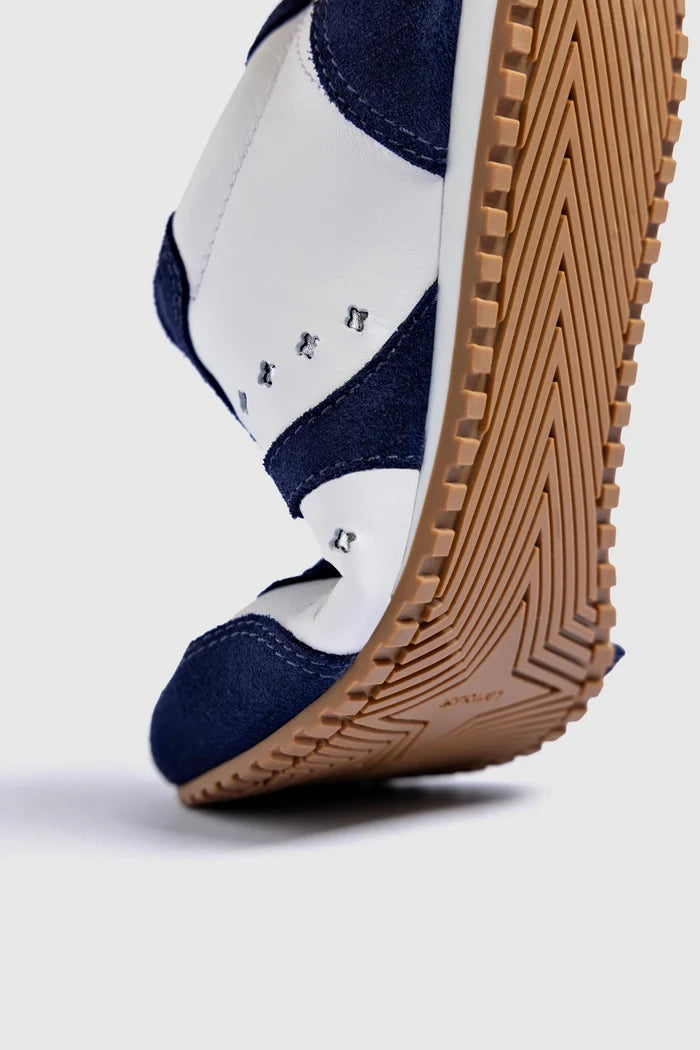 Stella Sneaker In White Leather and Indigo Suede Sneaker Larroudé