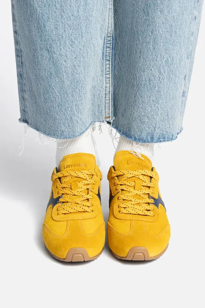 Stella Sneaker In Yellow Suede and Navy Leather Sneaker Larroudé