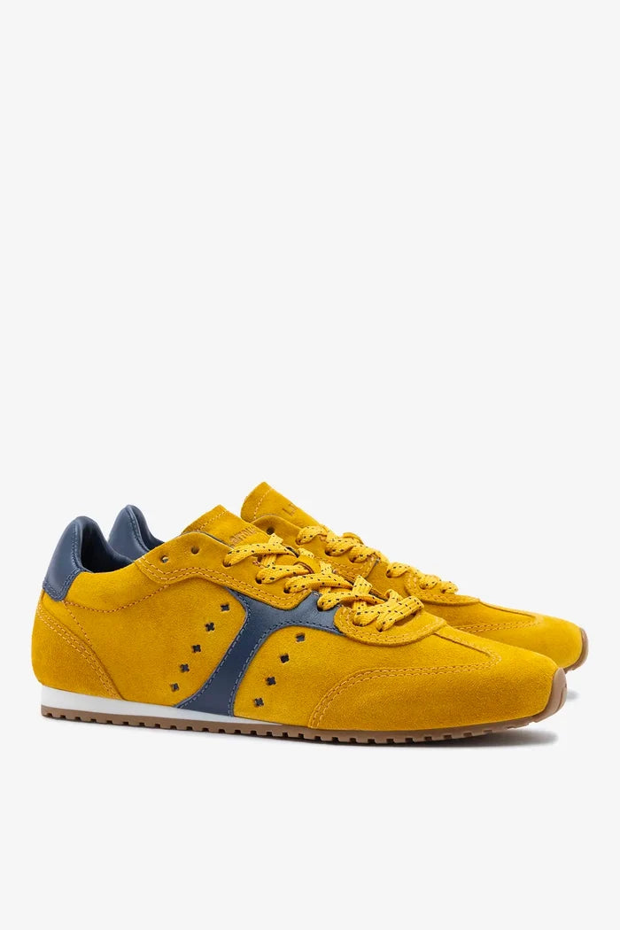 Stella Sneaker In Yellow Suede and Navy Leather Sneaker Larroudé