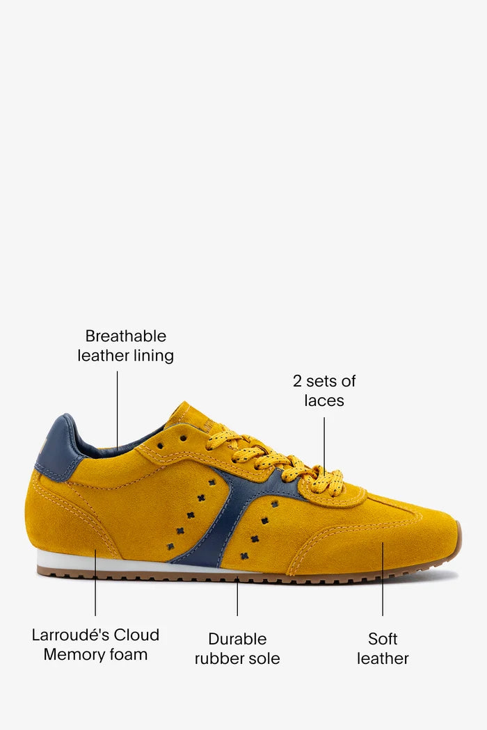 Stella Sneaker In Yellow Suede and Navy Leather Sneaker Larroudé