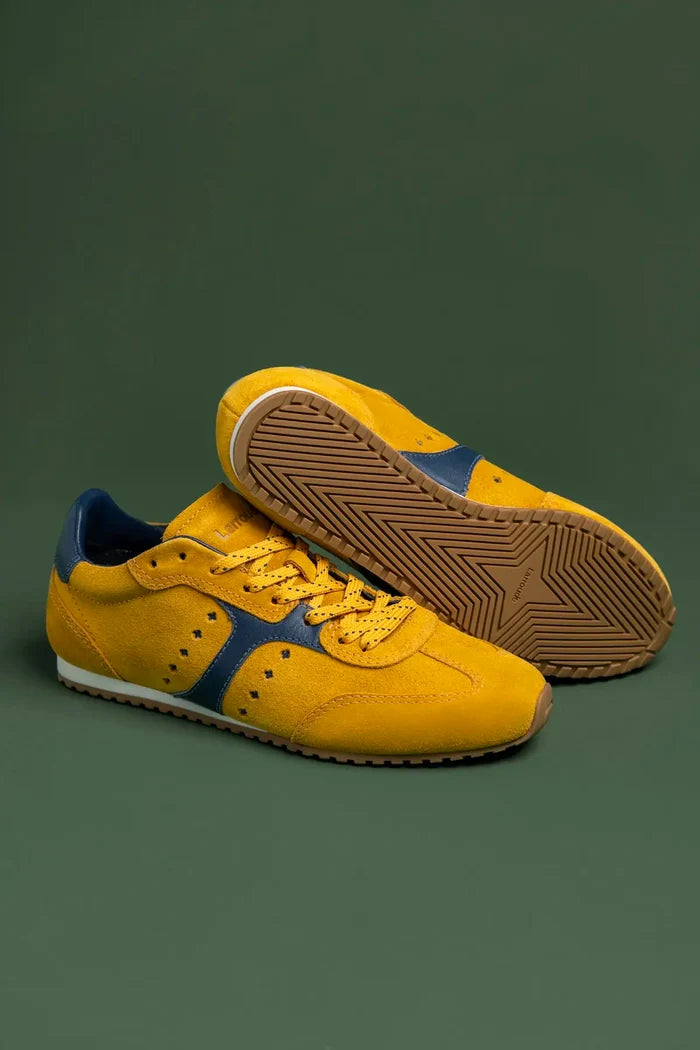Stella Sneaker In Yellow Suede and Navy Leather Sneaker Larroudé