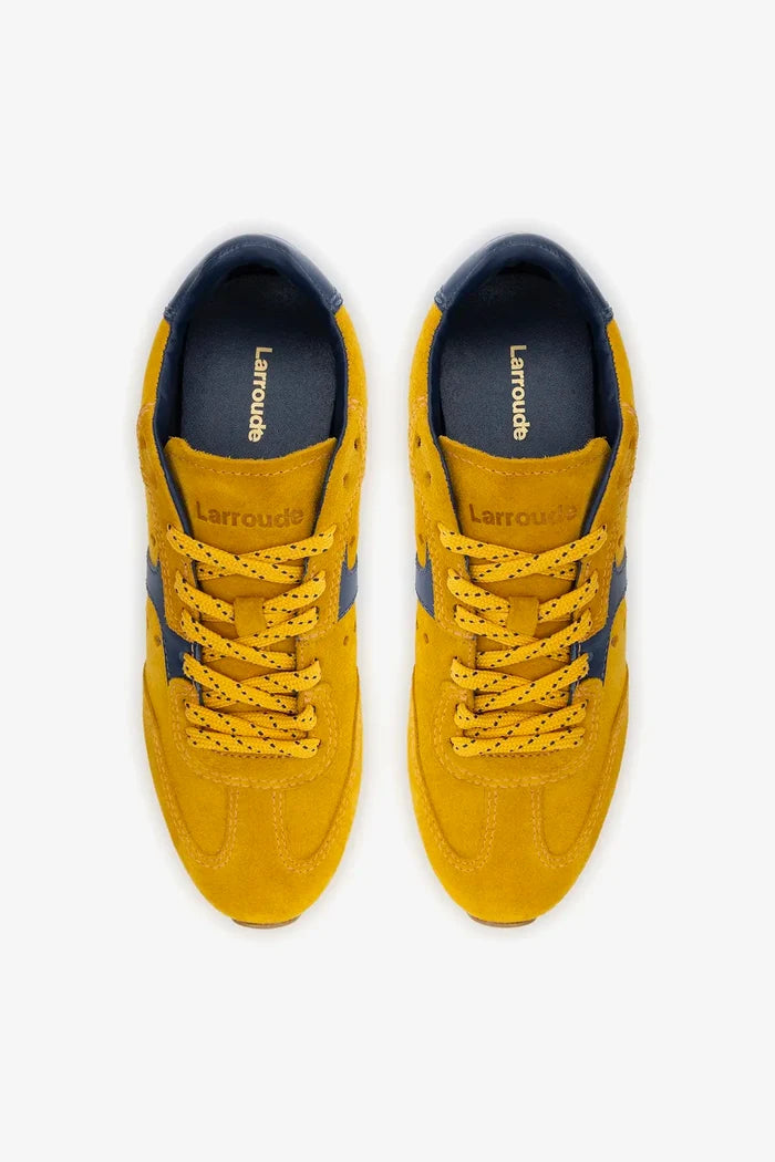 Stella Sneaker In Yellow Suede and Navy Leather Sneaker Larroudé