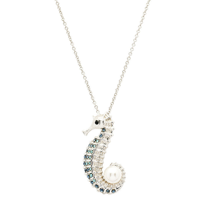Sterling Silver Seahorse Pearl Necklace with Sapphire Crystals