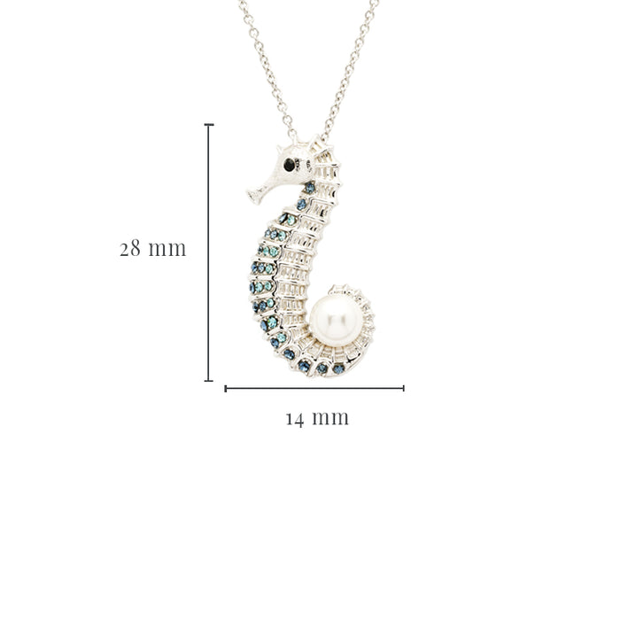Sterling Silver Seahorse Pearl Necklace with Sapphire Crystals