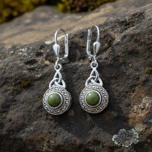 Sterling Silver Trinity Knot Connemara Marble Earrings