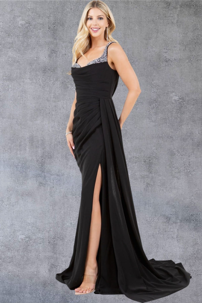 Stone Accesnt Drape Slit Dress by Cinderella Couture USA AS8283J