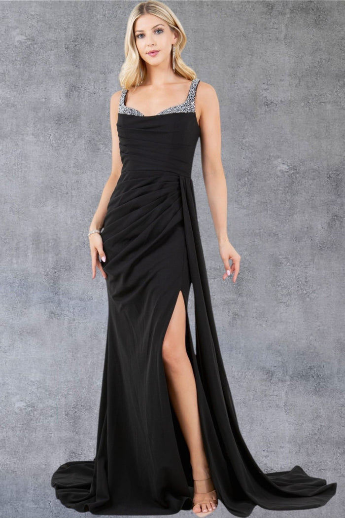 Stone Accesnt Drape Slit Dress by Cinderella Couture USA AS8283J