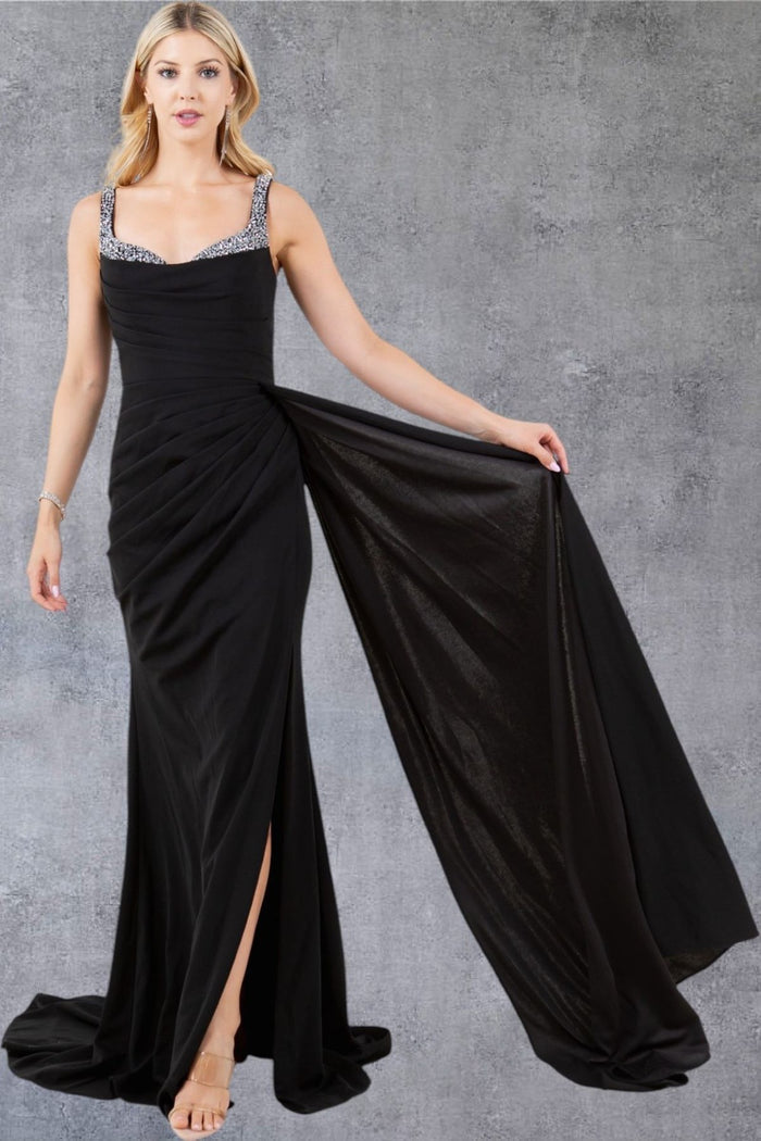 Stone Accesnt Drape Slit Dress by Cinderella Couture USA AS8283J