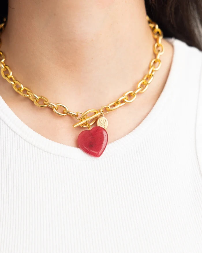 Stone Heart Toggle Necklace - Cherry Red