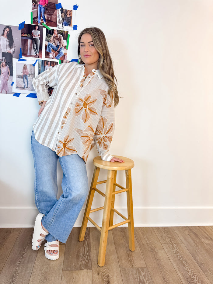 Strawberry Button-Down Floral/Stripe Blouse