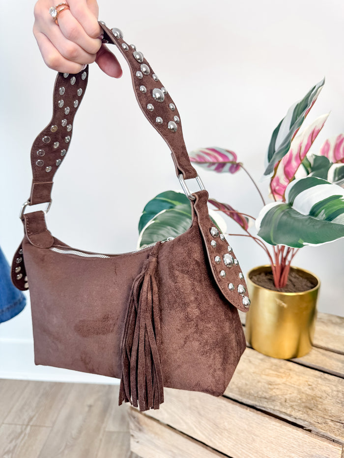 Fame Studded Suede Shoulder Bag – women's accessories - handbags