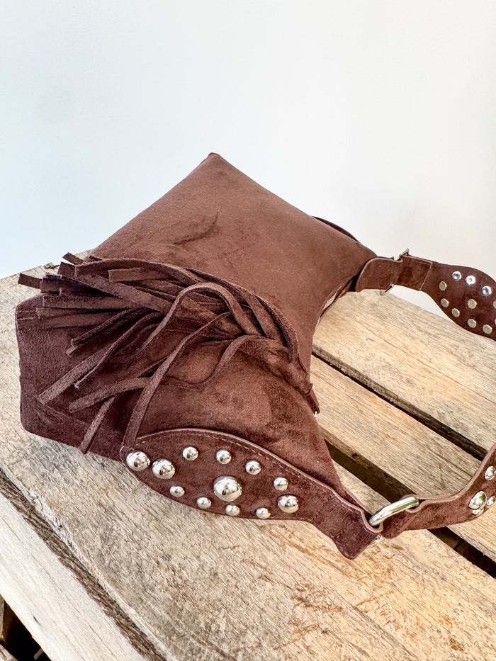Fame Studded Suede Shoulder Bag – women's accessories - handbags