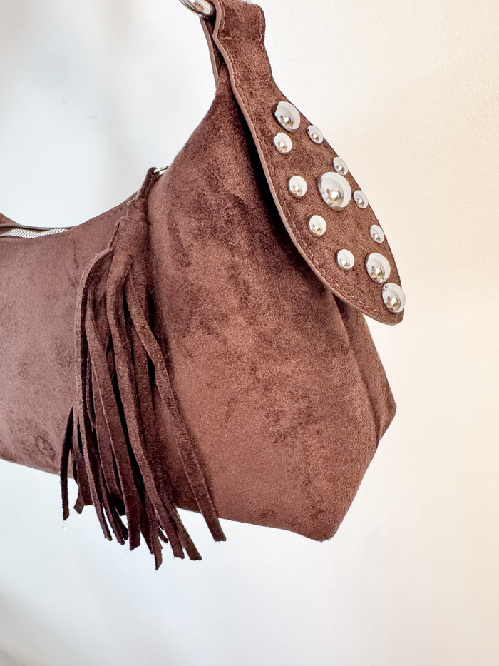Fame Studded Suede Shoulder Bag – women's accessories - handbags