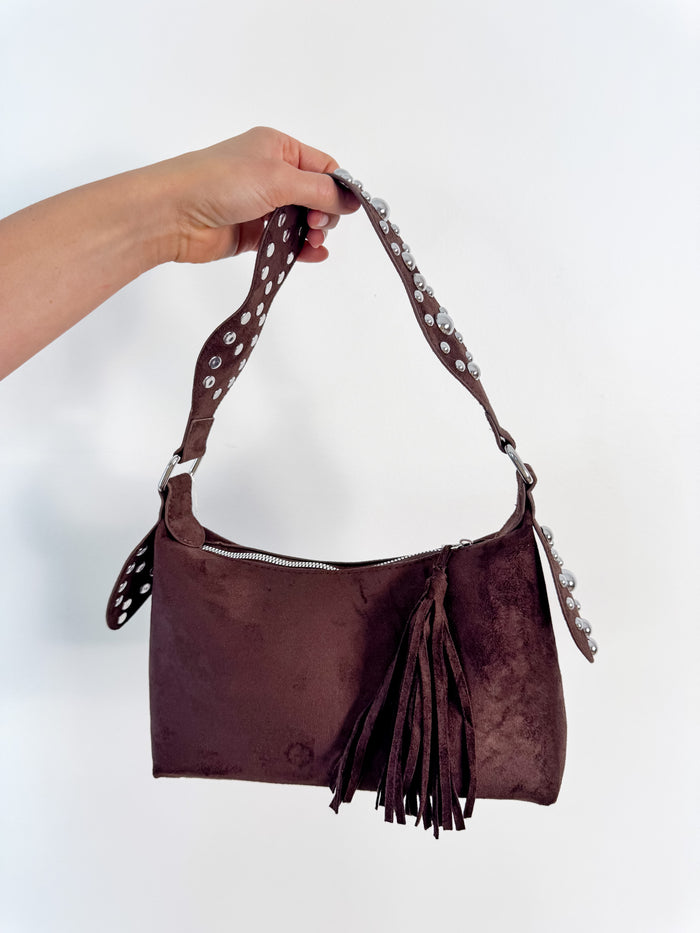 Fame Studded Suede Shoulder Bag – women's accessories - handbags