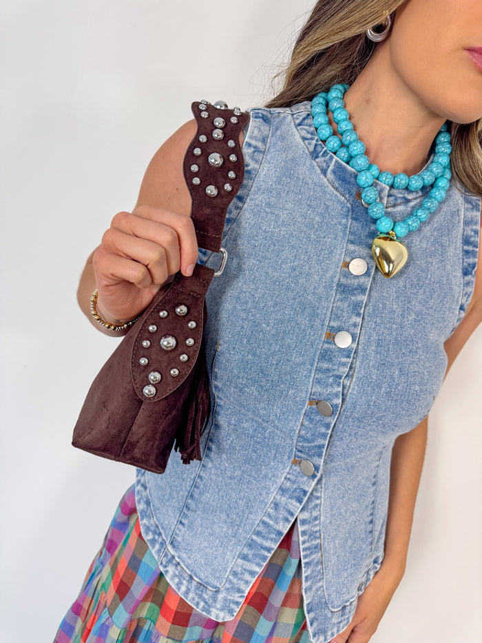 Fame Studded Suede Shoulder Bag – women's accessories - handbags