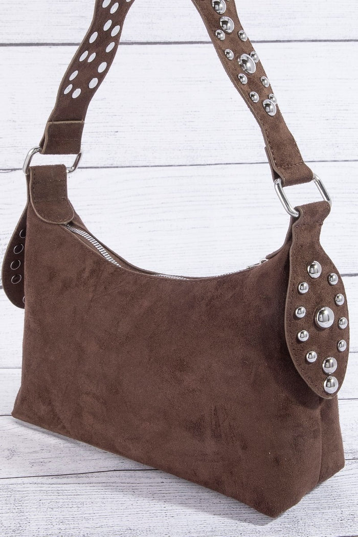 Fame Studded Suede Shoulder Bag – women's accessories - handbags
