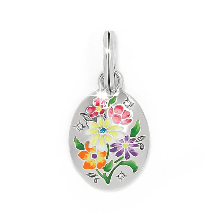 Brighton oval charm with silver-plated finish, enamel floral design in multiple colors, and crystal accents on a white background