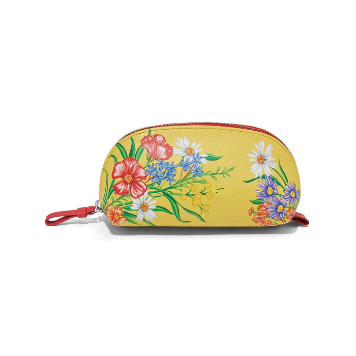 Brighton pouch in yellow with floral print and red leather wristlet strap on a white background