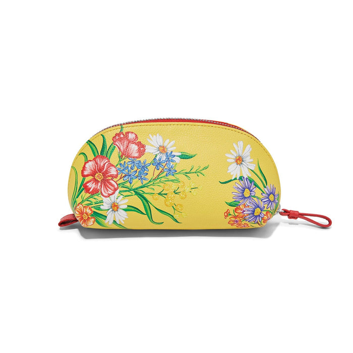 Brighton sunglasses case in yellow with floral print and red zipper pull on a white background