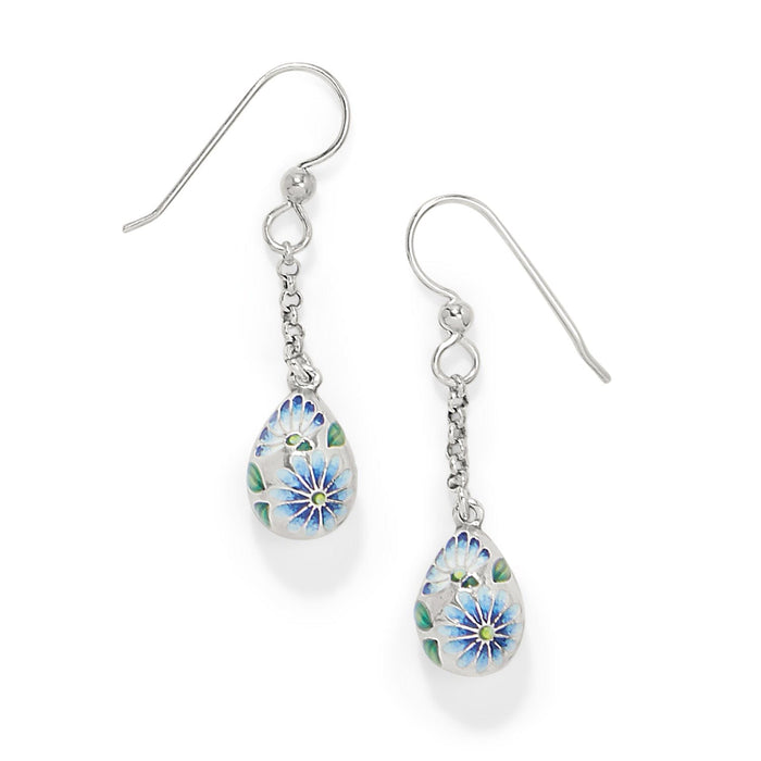 Brighton drop earrings with silver-plated teardrop charms and blue enamel floral design on a white background