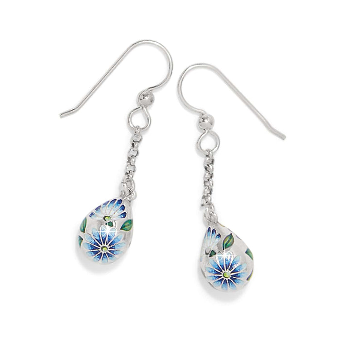 Brighton drop earrings with silver-plated teardrops featuring blue enamel floral design and chain accents on a white background