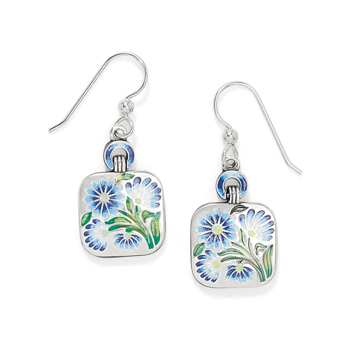 Brighton drop earrings with silver-plated square charms and blue enamel floral design on a white background