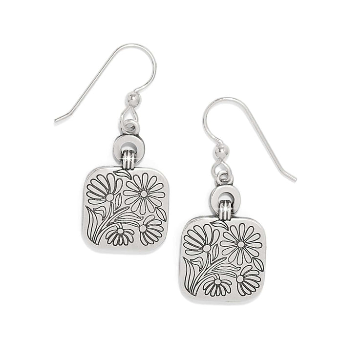 Brighton drop earrings with silver-plated square charms featuring engraved daisy floral design on a white background