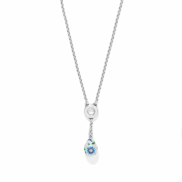 Brighton pendant necklace with silver-plated chain and enamel teardrop charm featuring blue floral design on a white background