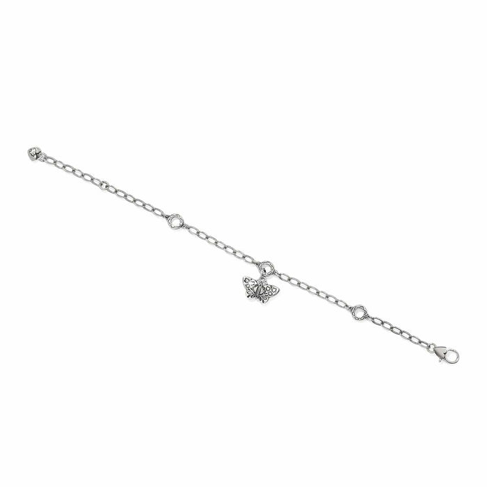 Brighton charm bracelet with silver-plated butterfly and floral accents on delicate chain with lobster clasp on a white background