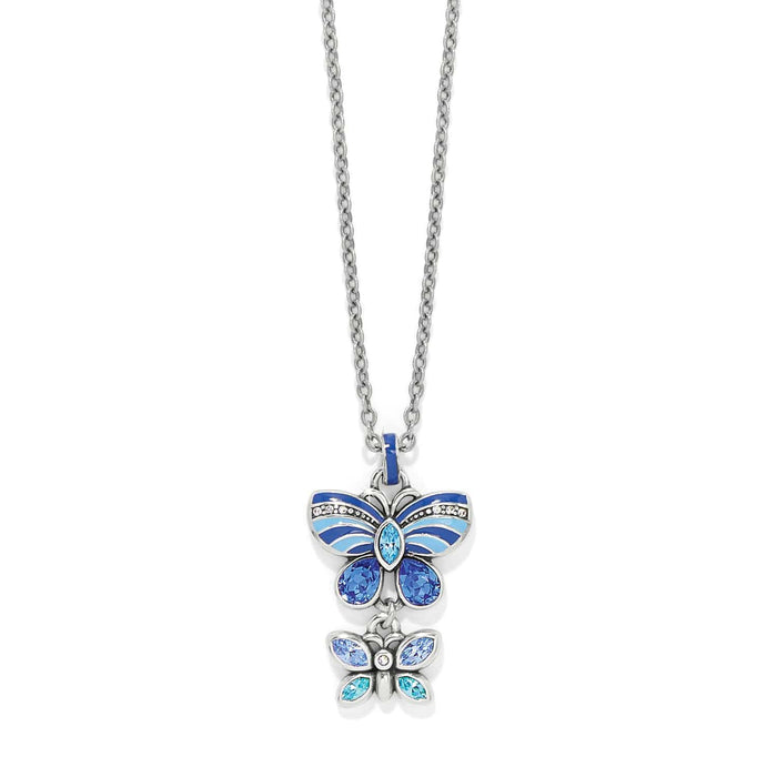 Brighton pendant necklace with blue enamel butterfly and smaller crystal butterfly charm in silver-plated finish on a white background