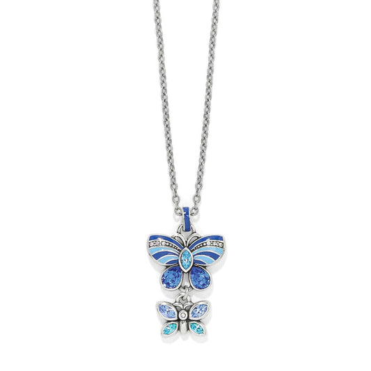 Brighton pendant necklace with blue enamel butterfly and smaller crystal butterfly charm in silver-plated finish on a white background