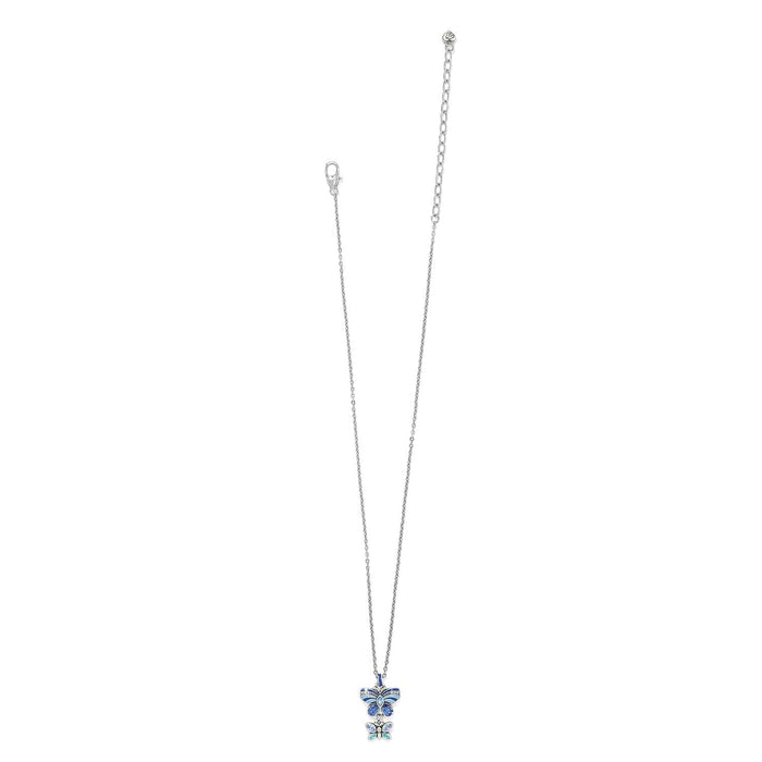 Brighton butterfly pendant necklace with blue crystals, enamel detail, and silver-plated chain on a white background