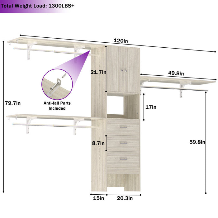 Système de rangement de placard en bois avec portes et tiroirs Bedrije 20"-120"