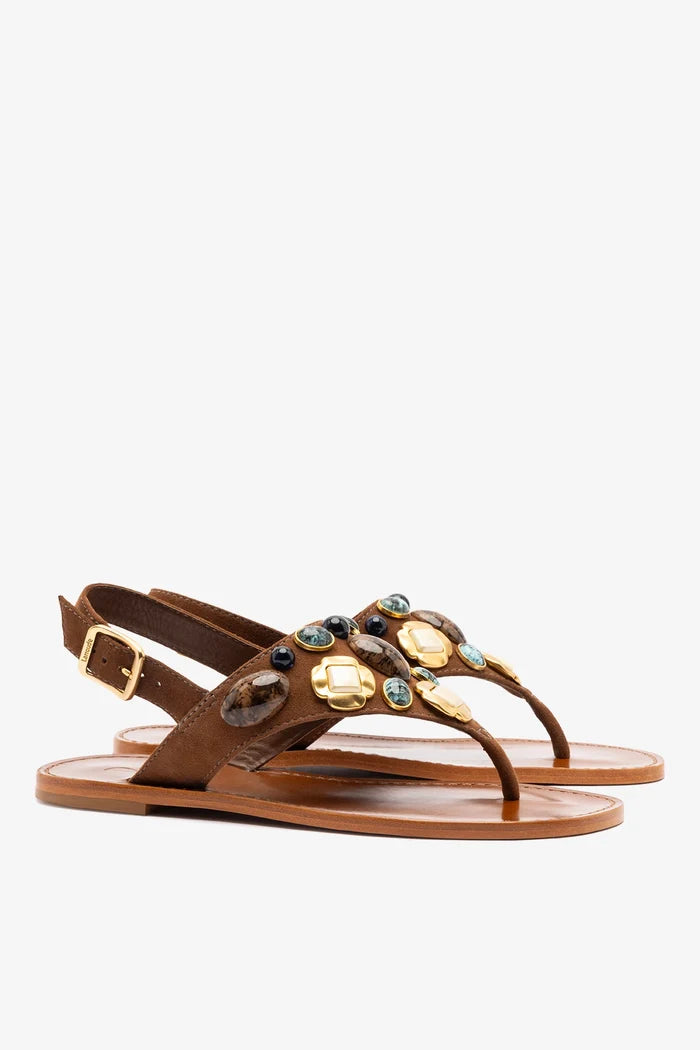 Talitha Flat Sandal In Brown Leather Flat - Sandal Larroudé