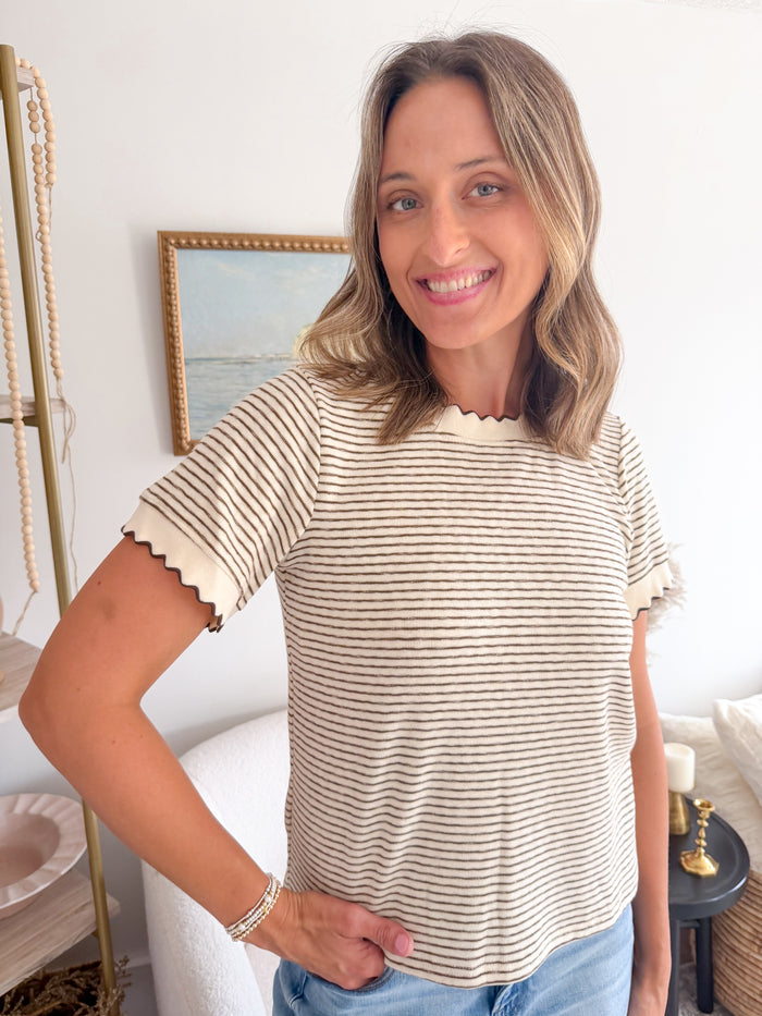 Polagram Taylor Beige Striped Scalloped Tee – women's short sleeve tee