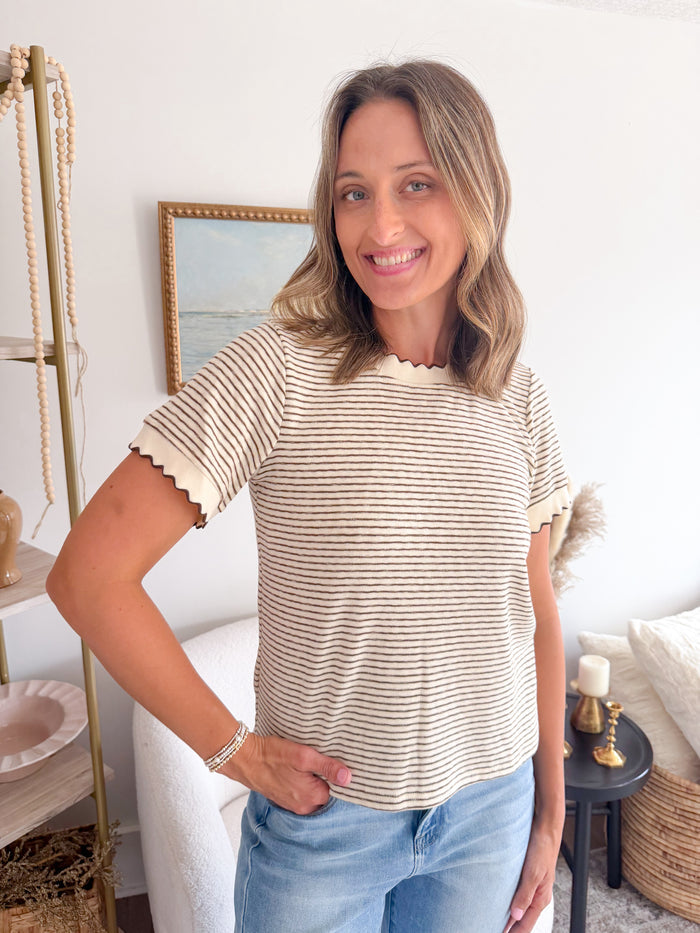Polagram Taylor Beige Striped Scalloped Tee – women's short sleeve tee