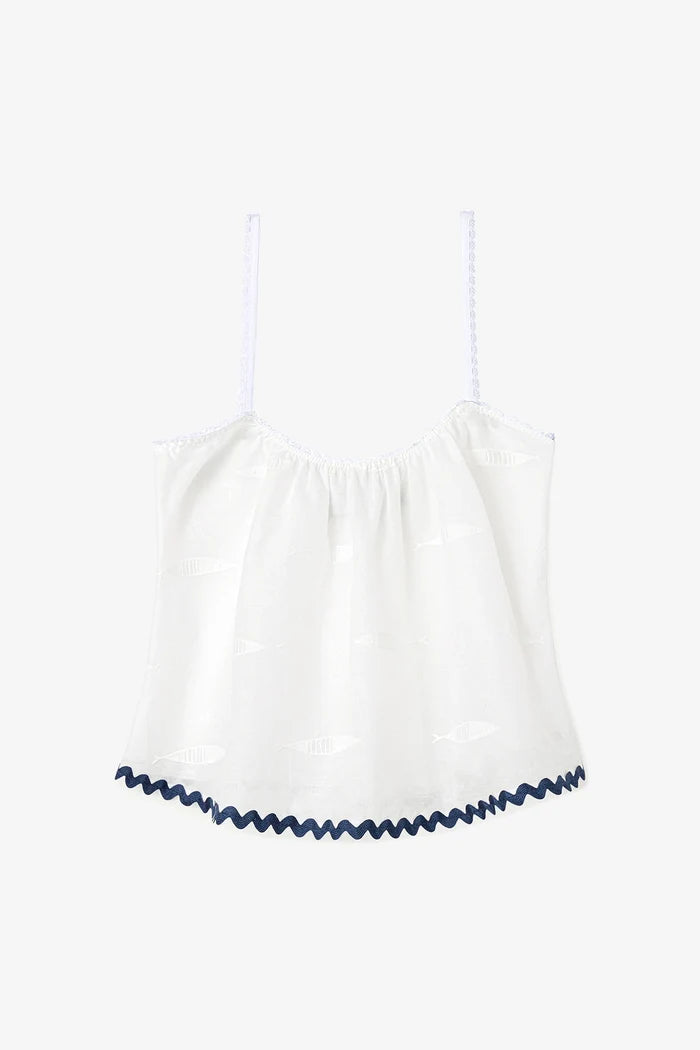 The Perfect Tank Top Embroidered Fish with Navy Trim Top Larroudé x Sheridan