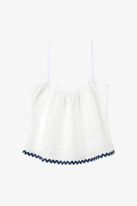The Perfect Tank Top Embroidered Fish with Navy Trim Top Larroudé x Sheridan
